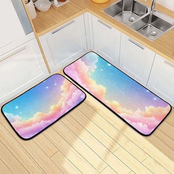 Cartoon Colorful Clouds Kitchen Mat Set of 2 Cushioned Non Slip Rugs for Bedroom Floor Runner Mats