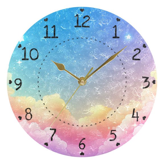Cartoon Colorful Clouds Round Wall Clock Silent Battery Operated Home Decor for Living Room Bedroom
