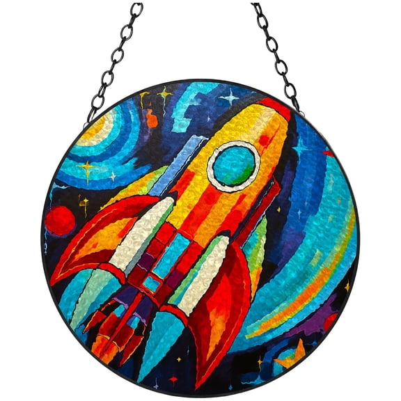 Cartoon Colorful Fire Rocket to Sky Stained Glass Suncatcher Handmade Window Hanging Colored Glass Suncatcher Crafts Kits for Indoor Garden Decor Memorial Gift 16x16cm