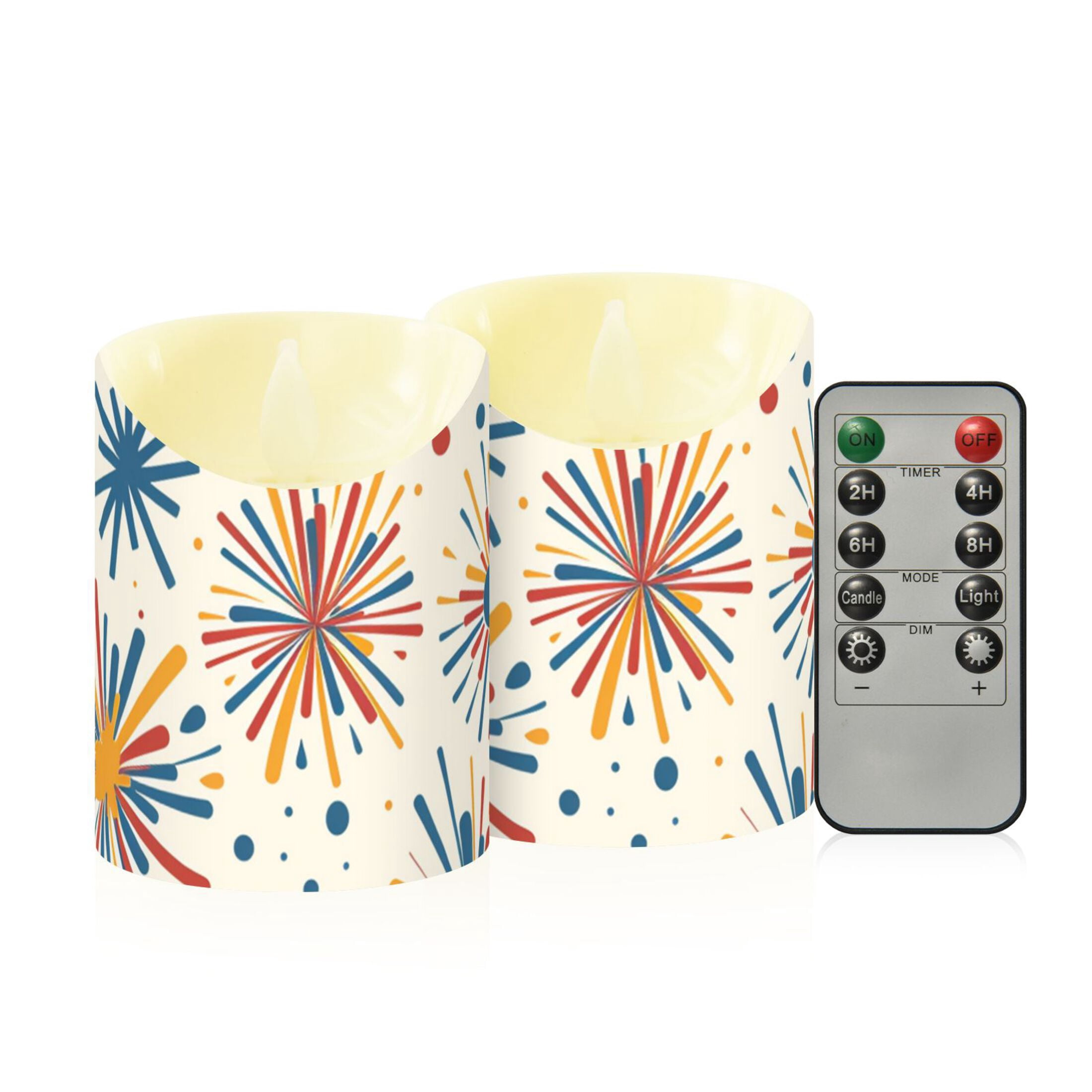 Cartoon Colorful Fireworks Flickering Flameless Candles with Remote Timer Battery Operated LED Tealight Set of 2 M