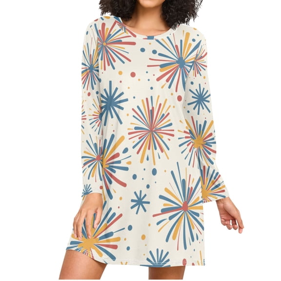 Cartoon Colorful Fireworks Women's Long Sleeves Nightgowns Sleepwear Soft Pajama A-line Sleep Dress XXXL