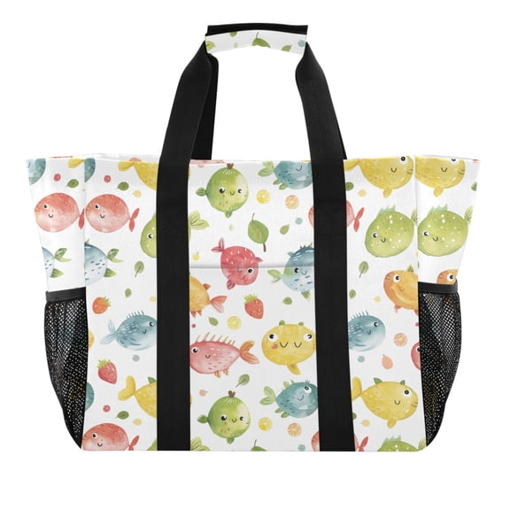 Cartoon Colorful Fishs Reusable Grocery Bags with Handle Side Pocket Waterproof Shopping Portable Tote