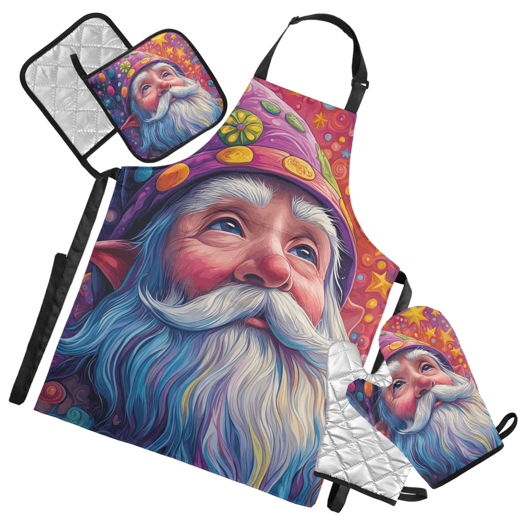 Cartoon Colorful Gnome 5 Pcs Kitchen Set Heat Resistant Oven Mitts and Non-Slip Pot Holders with Adjustable Cooking Apron