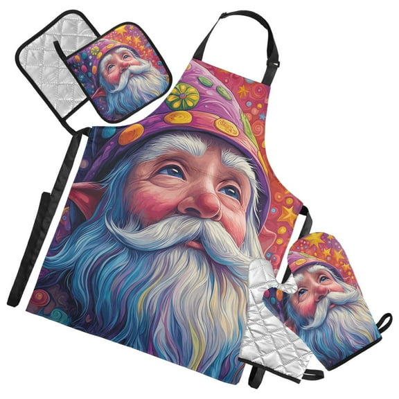 Cartoon Colorful Gnome 5 Pcs Kitchen Set Heat Resistant Oven Mitts and Non-Slip Pot Holders with Adjustable Cooking Apron