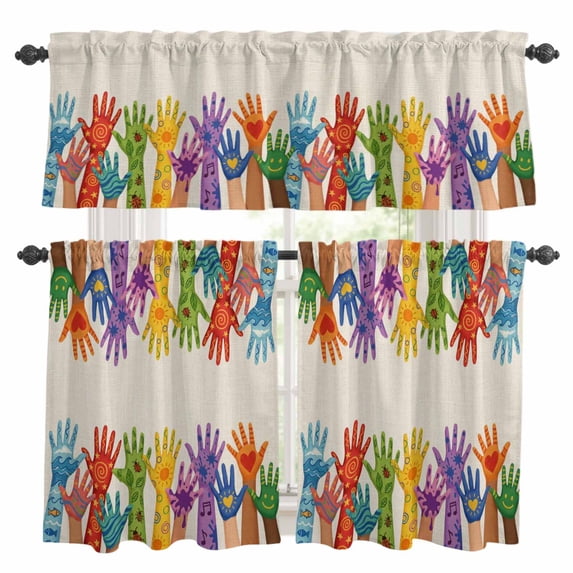 Cartoon Colorful Hands Kitchen Curtains Valances and Tiers Set of 3 Cute Watercolor Hands with Love Smile Leaf Linen Tier Curtains and Valance with Rod Pocket for Small Windows, 27.5"x24"