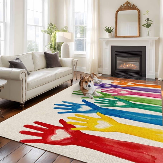 Cartoon Colorful Hands Large Area Rugs 5x8 ft Cute Watercolor Hands with Love Heart Linen Washable Rug Non Slip Indoor Carpet Absorbent Floor Mat for Living Room Bedroom Dining Room