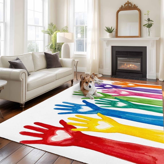 Cartoon Colorful Hands Large Area Rugs 5x8 ft Cute Watercolor Hands with Love Heart Washable Rug Non Slip Indoor Carpet Absorbent Floor Mat for Living Room Bedroom Dining Room