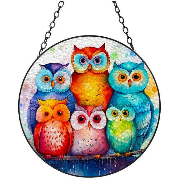 Cartoon Colorful Owls Family Stained Glass Suncatcher Window Hangings Colored Handmade Glass Suncatcher Crafts Kits for Indoor Garden Christmas Decoration 16x16cm(1)