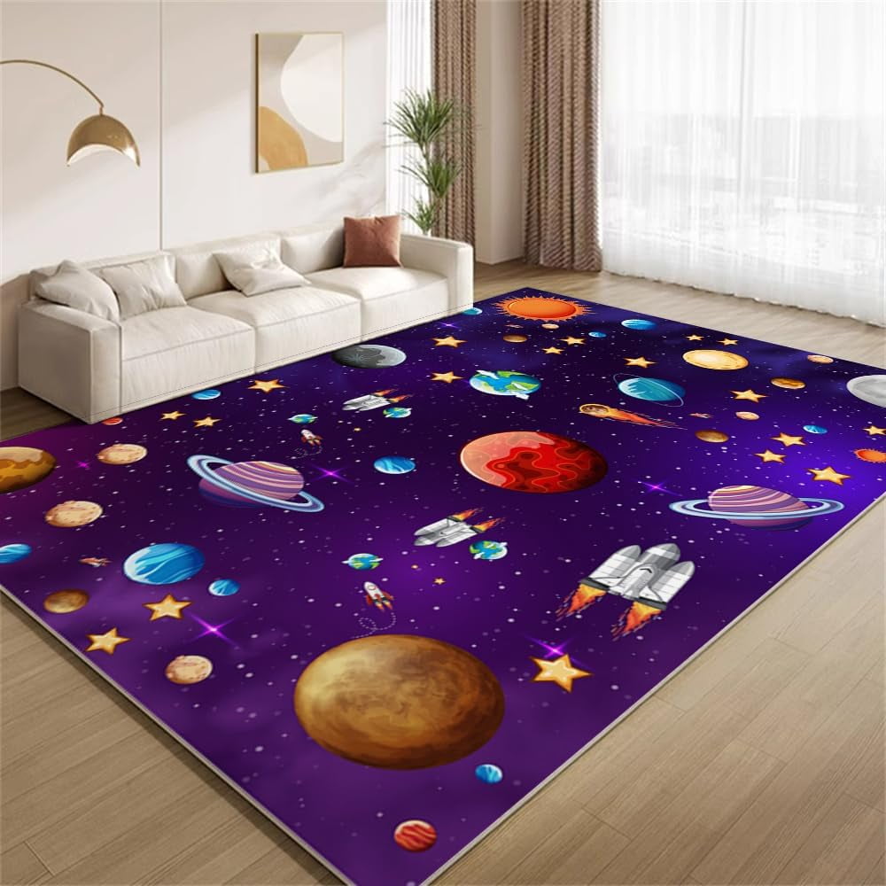 Cartoon Colorful Planet Rug 4x5ft Area Rugs Modern Purple Space Rugs ...