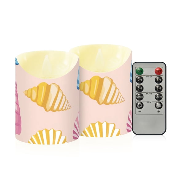 Cartoon Colorful Seashells Flickering Flameless Candles with Remote Timer Battery Operated LED Tealight Set of 2 S