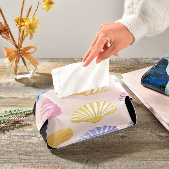 Cartoon Colorful Seashells Leather Tissue Box Cover Rectangle Tissue Holder Foldable