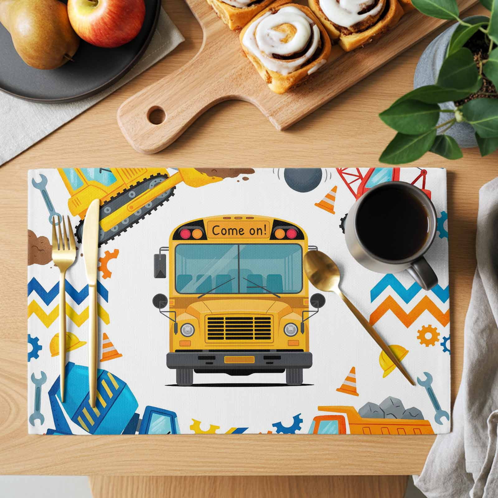 Cartoon Come on Placemats Set of 1, Excavator Mixer Truck Wrench Helmet ...