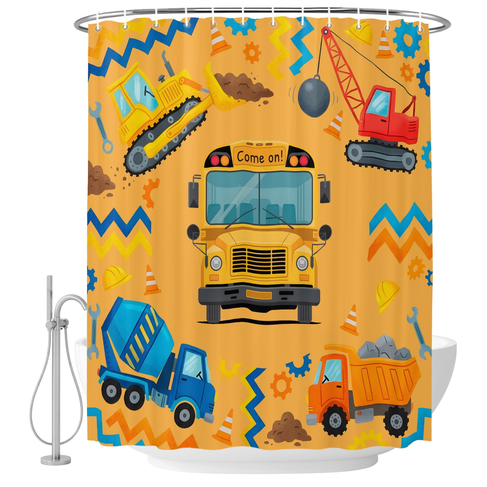 Cartoon Come on Shower Curtain for Bathroom, Excavator Mixer Truck ...