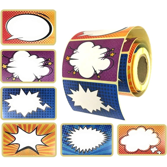 Cartoon/Comic Superhero Name Tag Labels, Colored Stickers 204 Per Roll Self-Adhesive by Toucan Craft Supplies
