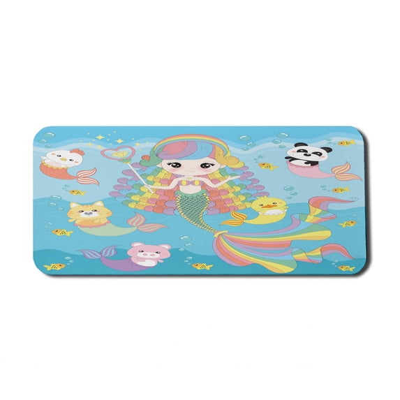 Cartoon Computer Mouse Pad, Illustration of Colorful Funky Characters Underwater Bubbles and a Mermaid, Rectangle Non-Slip Rubber Mousepad X-Large, 35" x 15" Gaming Size, Multicolor, by Ambesonne