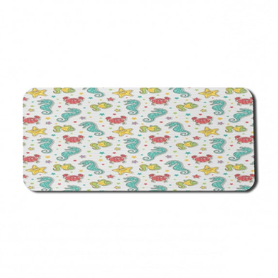 Cartoon Computer Mouse Pad, Sea Creatures with Seahorse Crabs Fish Aqua Drawing Style, Rectangle Non-Slip Rubber Mousepad X-Large, 35" x 15" Gaming Size, Teal Mustard Dark Coral, by Ambesonne