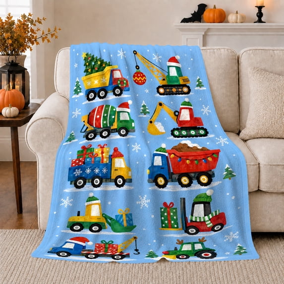 Cartoon Construction Trucks Christmas Snow Scene Festive Holiday, Festive Holiday Scene, Warm Flannel Blanket for Living Room and Family Room, Art Lovers Christmas Gift, Festive Home Decor