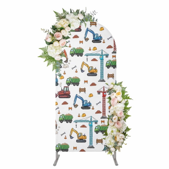 Cartoon Construction Vehicle Arch Backdrop Cover 4FT, Modern Excavator Crane Spandex Fitted Stretchy Arch Stand Covers, Round Top Chiara Backdrop Cover for Wedding Party Birthday Baby Shower