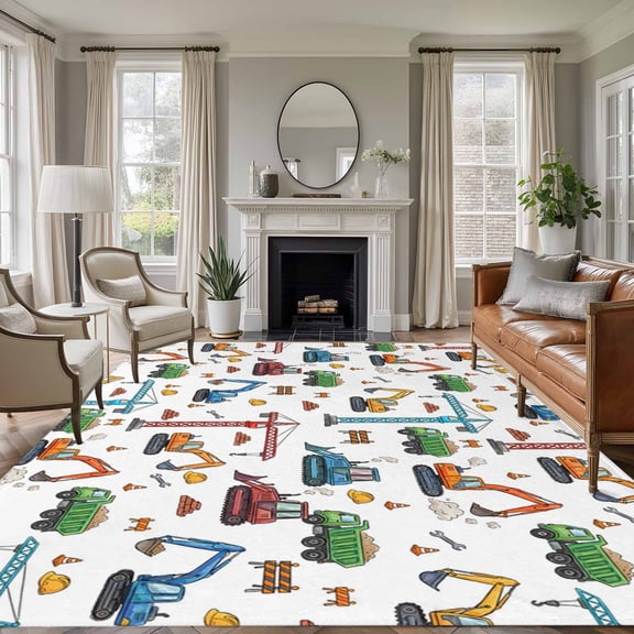 Cartoon Construction Vehicle Area Rugs 5'x8', Washable Small Throw Rugs for Classroom Bedroom, Modern Excavator Crane Indoor Outdoor Rug Non-Slip Low Pile Carpet Runner Reversible Floor Mats