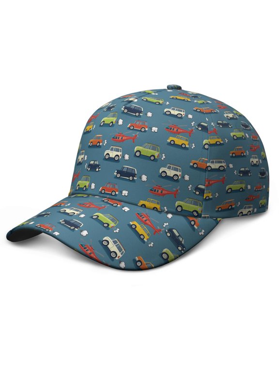 Cartoon Construction Vehicle Baseball Cap – Adjustable Dad Hat with Truck and Tractor Print, Durable Snapback Style