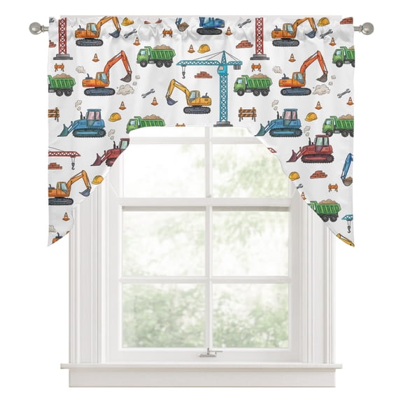 Cartoon Construction Vehicle Kitchen Curtains Swag Valance for Windows/Bathroom/Cafe, Modern Excavator Crane Rod Pocket Drape Panel Swag Curtains Valance for Bedroom/Living Room 56"x36"