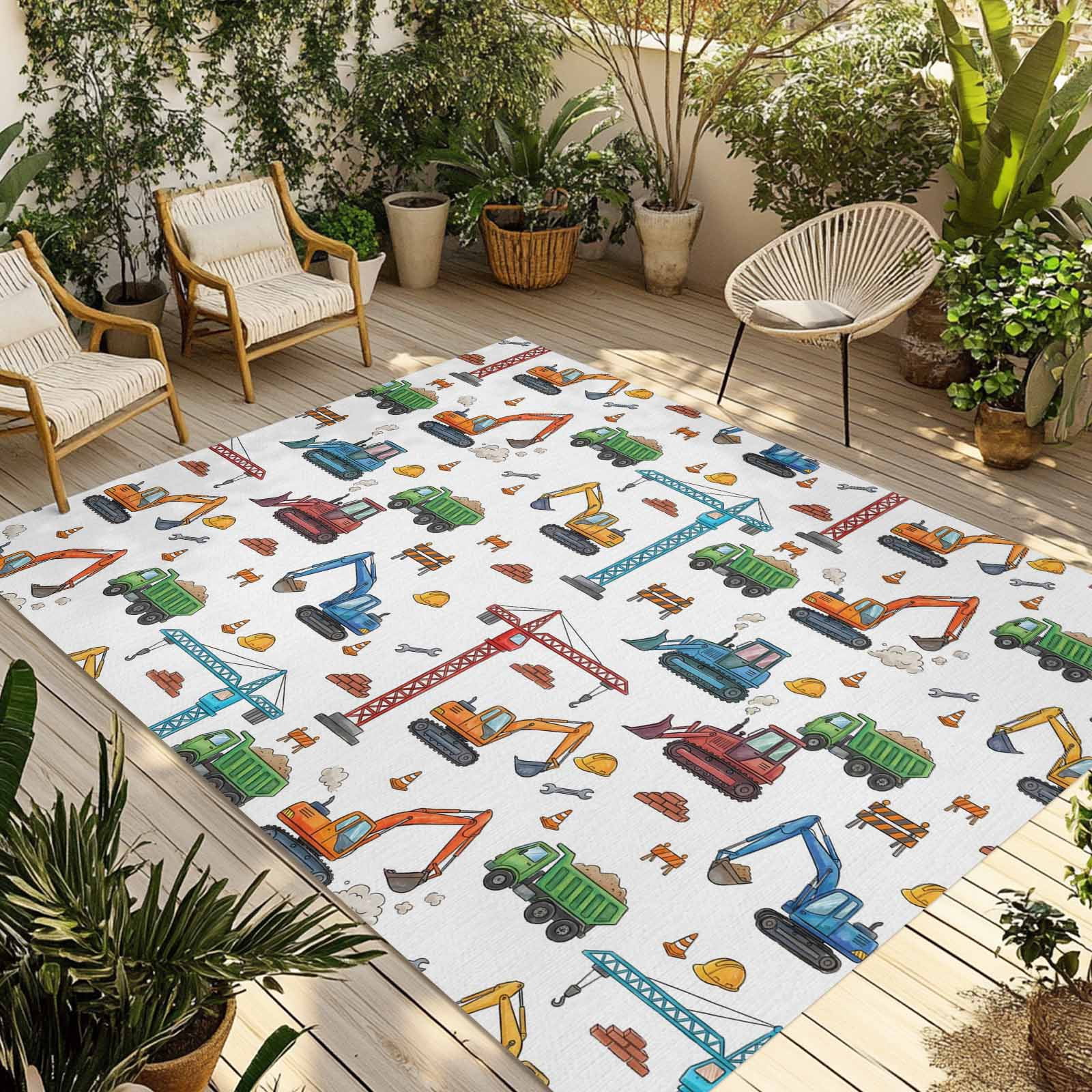 Polyester Rug Construction Cartoon Construction Vehicle Outdoor Rug for Patio/Deck/Porch, Non-Slip ...