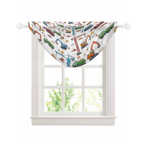 Cartoon Construction Vehicle Sheer Waterfall Valance Curtains for Window, Modern Excavator Crane Rod Pocket Sheer Topper Swag Curtains for Living Room, Kitchen 38.5"W x 47.2"L, 1 Panel