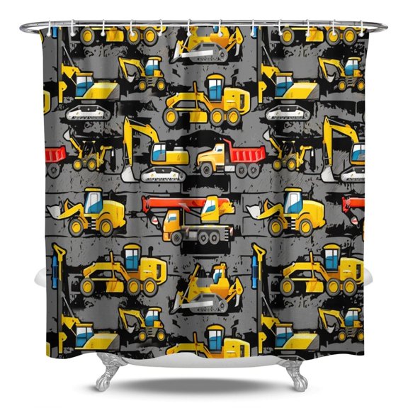 Cartoon Construction Vehicle Shower Curtain - Hotel Style Waterproof Bathroom Curtain with Truck & Tractor Design, Durable Polyester, 84x72 Inch, Includes Hooks