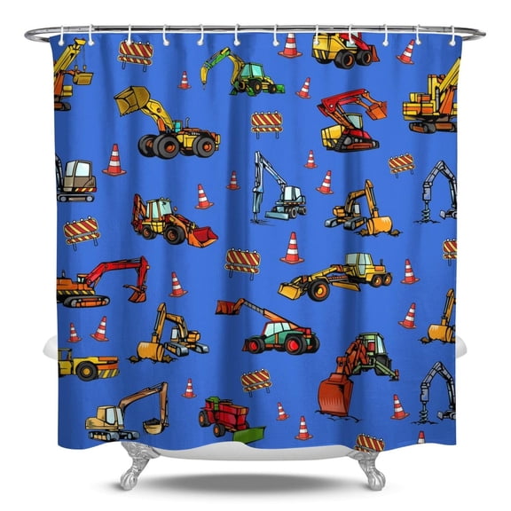 Cartoon Construction Vehicle Shower Curtain - Hotel Style Waterproof Bathroom Curtain with Truck & Tractor Design, Durable Polyester, 84x72 Inch, Includes Hooks