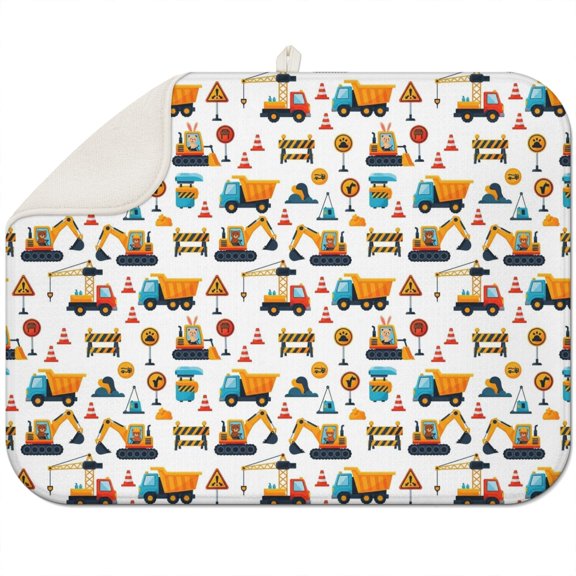 Cartoon Construction Vehicles Animals White Pattern Dish Drying Mat for Kitchen 1 Pack, Ultra Absorbent Microfiber Dishes Drainer Mats,18"x24"