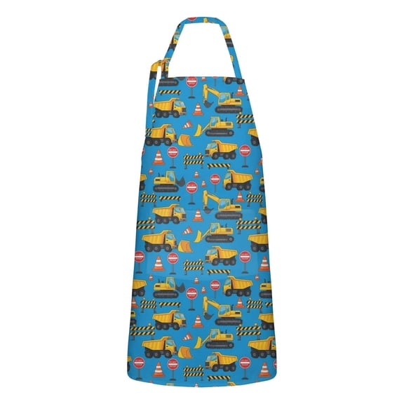 Cartoon Construction Vehicles Barriers Apron-Garden Aprons for Women with Pockets-Cotton Linen Waterproof Kitchen Cooking Gardening Aprons Adjustable for Kitchen,Cooking,BBQ and Salon 33x27 Inch