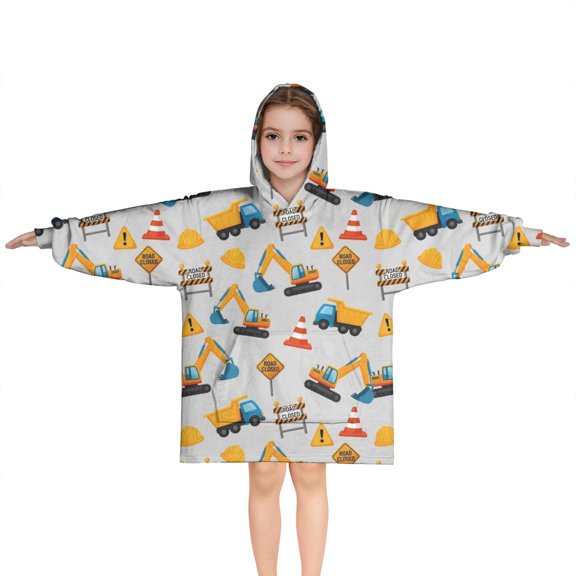 Cartoon Construction Vehicles Barriers Blanket Hoodies for Kids 6-13YR Oversize Wearable Blanket Hoodies for Boys Girls Teens