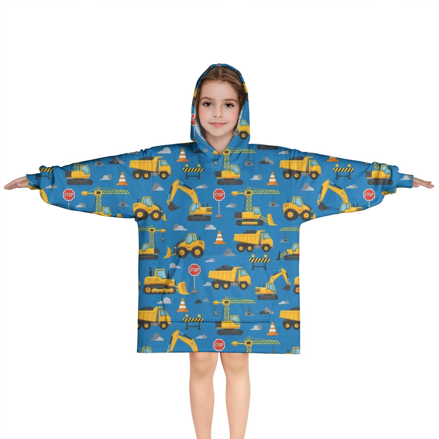 Cartoon Construction Vehicles Barriers Blue Pattern Blanket Hoodies for Kids 6-13YR Oversize Wearable Blanket Hoodies for Boys Girls Teens