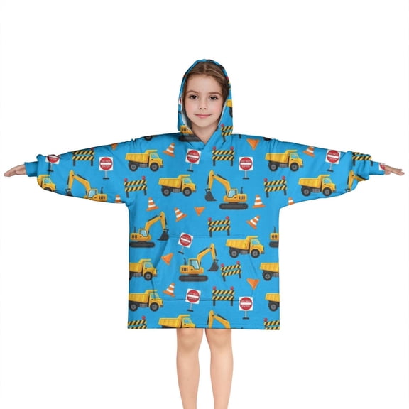 Cartoon Construction Vehicles Barriers Blue Pattern Blanket Hoodies for Kids 6-13YR Oversize Wearable Blanket Hoodies for Boys Girls Teens