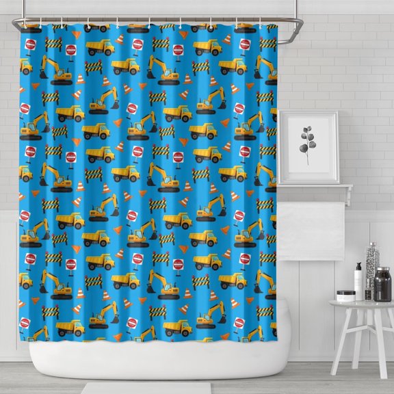 Cartoon Construction Vehicles Barriers Blue Pattern Shower Curtain 72"x84" ,Bathroom Decorative Shower Curtains Set with 12 Hooks,Modern Waterproof Washable Shower Curtain