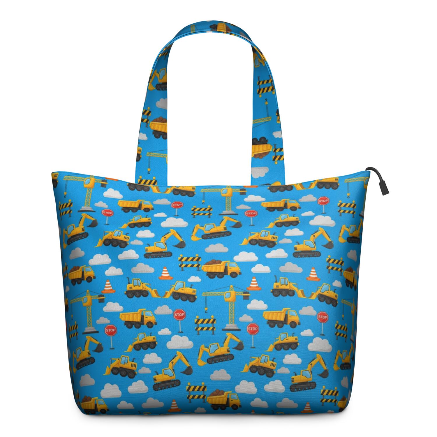 Cartoon Construction Vehicles Barriers Blue Pattern Travel Tote Bags for Women Carry On,Large Weekender Bags for Women Travel,Multi Functional Duffle Bag for Work,Shopping,Sports