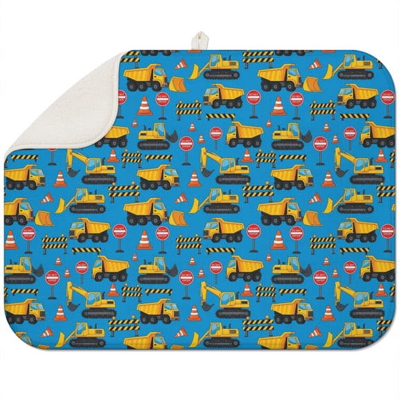 Cartoon Construction Vehicles Barriers Dish Drying Mat for Kitchen 1 Pack, Ultra Absorbent Microfiber Dishes Drainer Mats,18"x24"