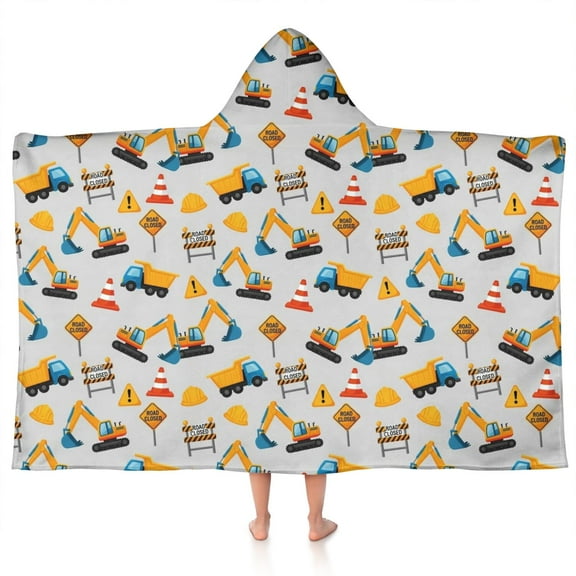 Cartoon Construction Vehicles Barriers Hooded Bath Towel，50"x30" for Ages 3 To 12 Kids, Quick Dry Lightweight Soft Microfiber Hood Beach Towel Cover Up for Kids