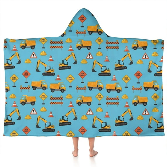 Cartoon Construction Vehicles Barriers Light Blue Pattern Hooded Bath Towel,50"x30" for Ages 3 To 12 Kids, Quick Dry Lightweight Soft Microfiber Hood Beach Towel Cover Up for Kids