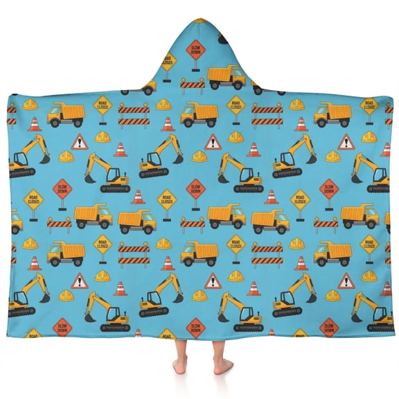 Cartoon Construction Vehicles Barriers Light Blue Pattern Hooded Bath Towel,60"x35" for Ages 3 To 12 Kids, Quick Dry Lightweight Soft Microfiber Hood Beach Towel Cover Up for Kids