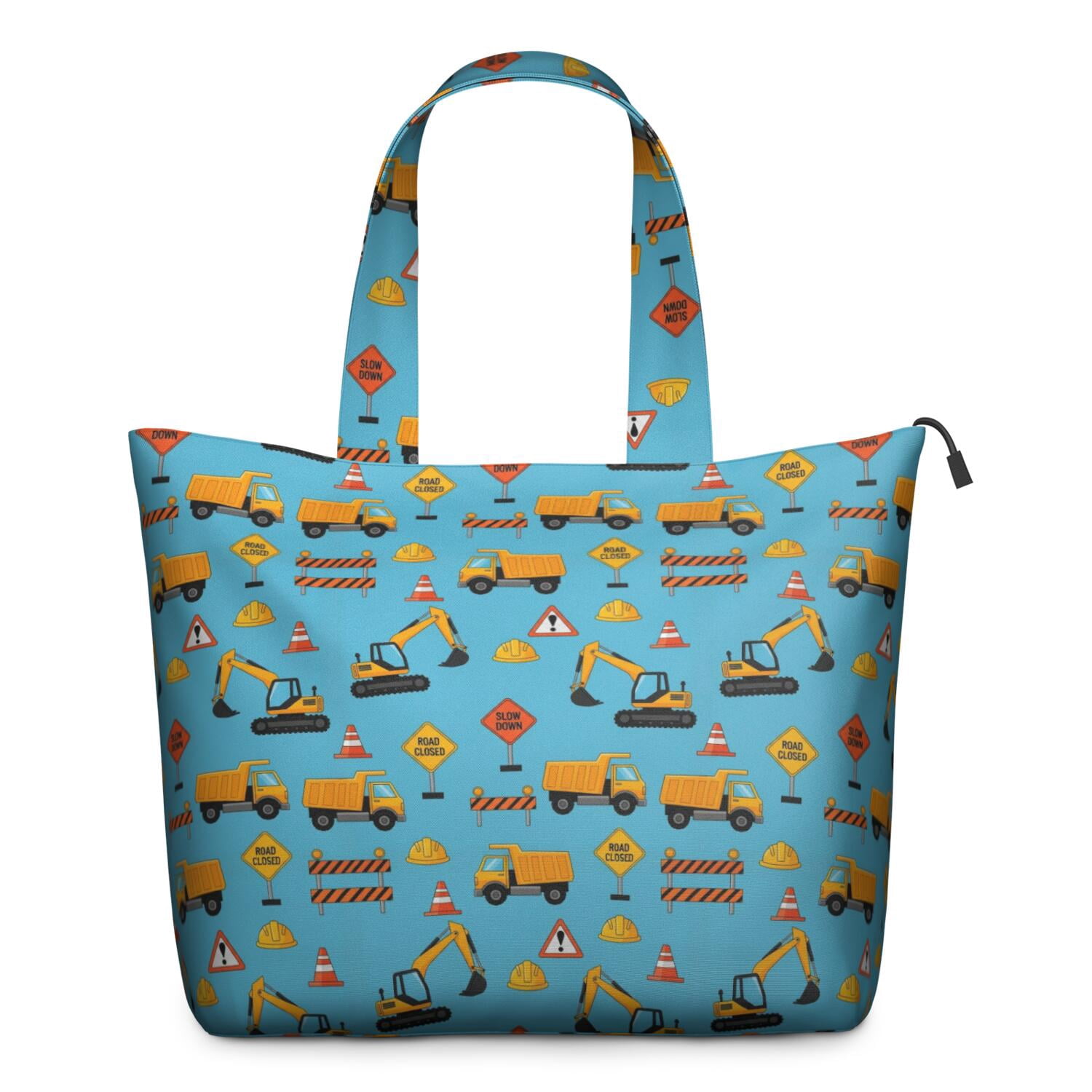 Cartoon Construction Vehicles Barriers Light Blue Pattern Travel Tote Bags for Women Carry On,Large Weekender Bags for Women Travel,Multi Functional Duffle Bag for Work,Shopping,Sports