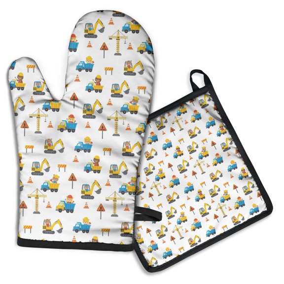 Cartoon Construction Vehicles Bears Kitchen Oven Mitt and Pot Holder Sets 2 Pcs for Baking, Cooking and Grilling, Heat Resistant Up To 392 °F