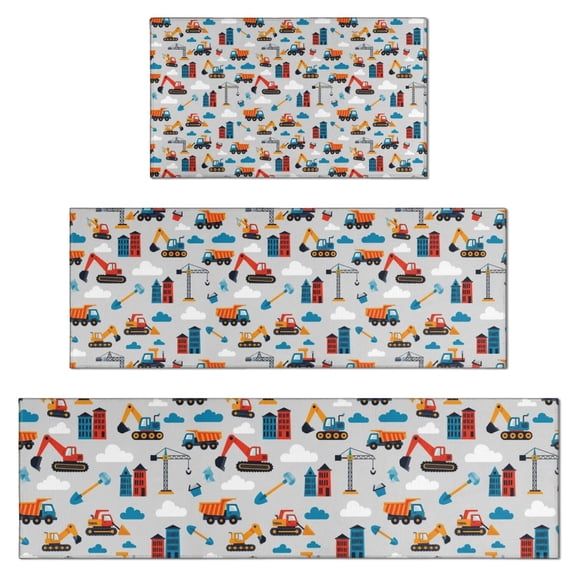 Cartoon Construction Vehicles Buildings Gray Pattern Kitchen Rugs Sets Of 3,Kitchen Runner Rugs Non Skid Washable,Decorative Kitchen Floor Mats for Kitchen,Sink,Laundry,17"x30"+ 17"x47" + 17"x59"