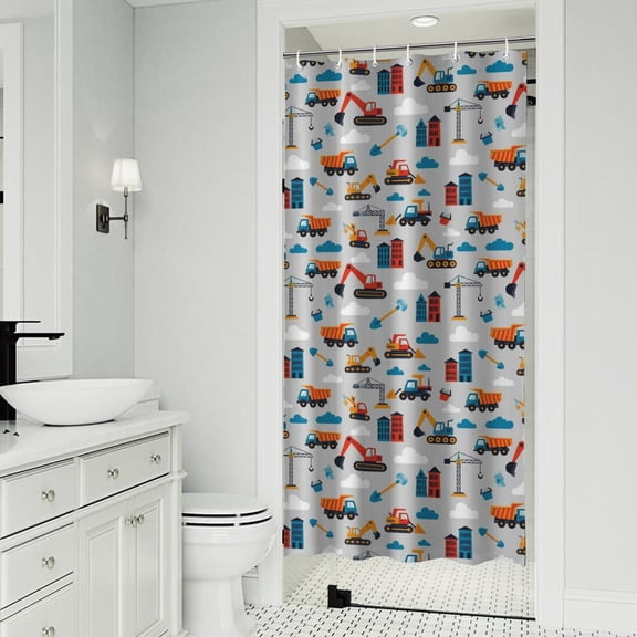 Cartoon Construction Vehicles Buildings Gray Pattern Shower Curtain 36"x72" ,Bathroom Decorative Shower Curtains Set with 12 Hooks,Modern Waterproof Washable Shower Curtain