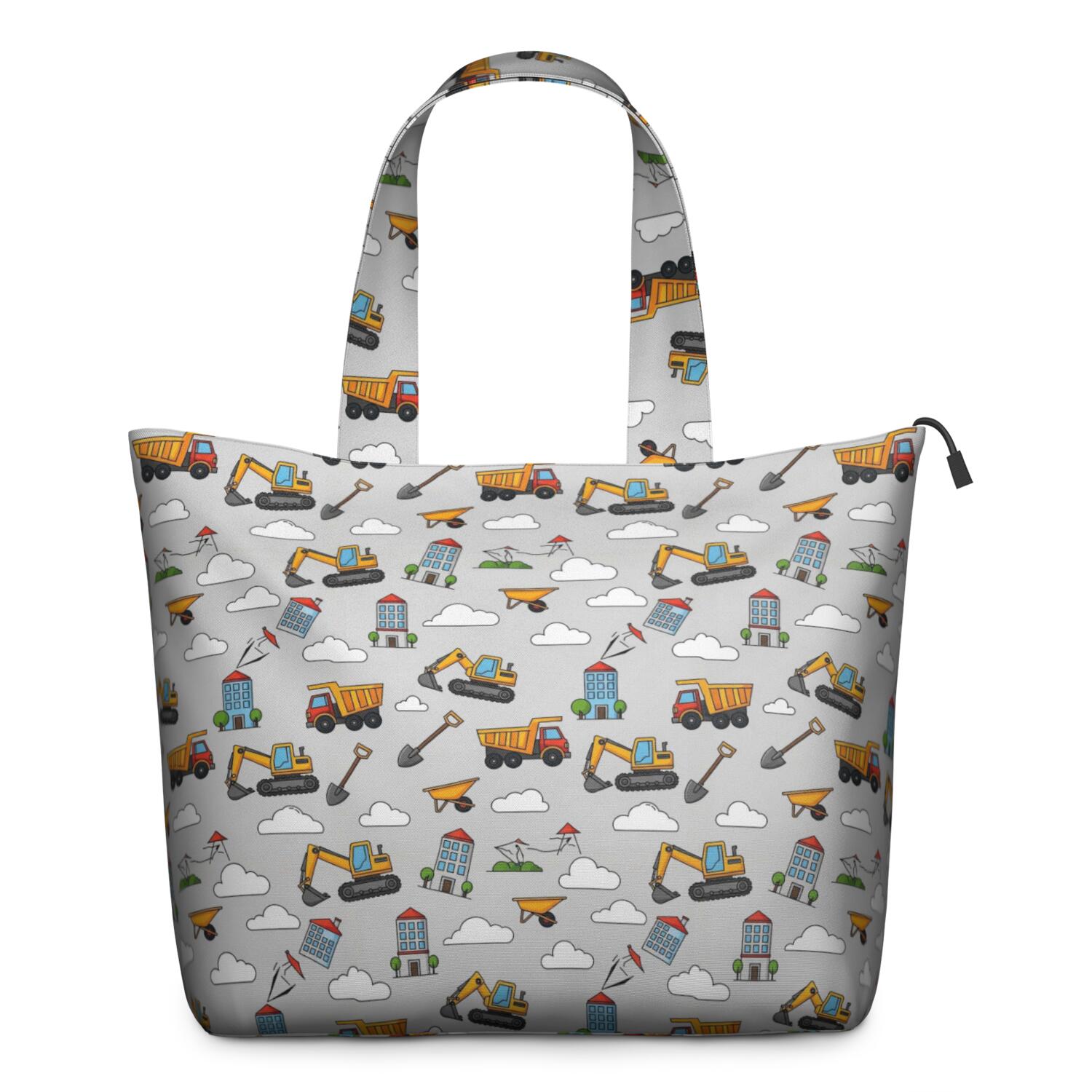 Cartoon Construction Vehicles Buildings Travel Tote Bags for Women Carry On,Large Weekender Bags for Women Travel,Multi Functional Duffle Bag for Work,Shopping,Sports