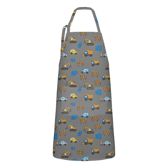 Cartoon Construction Vehicles Cars Gray Apron-Garden Aprons for Women with Pockets-Cotton Linen Waterproof Kitchen Cooking Gardening Aprons Adjustable for Kitchen,Cooking,BBQ and Salon 33x27 Inch