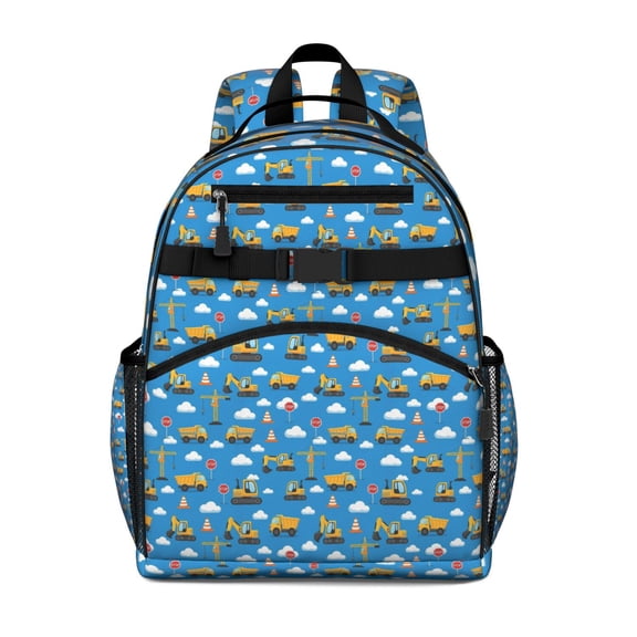Cartoon Construction Vehicles Clouds Blue Pattern Backpack for School,Cute School Bag,Schoolbag with Adjustable Shoulder Straps & Padded Back,15.25"x11.5"x5.25"