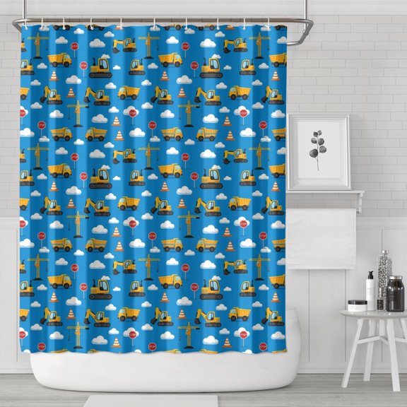 Cartoon Construction Vehicles Clouds Blue Pattern Shower Curtain 72"x84" ,Bathroom Decorative Shower Curtains Set with 12 Hooks,Modern Waterproof Washable Shower Curtain