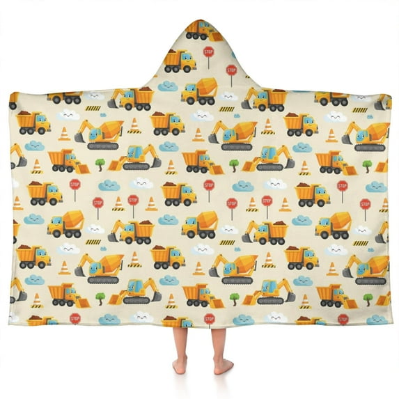 Cartoon Construction Vehicles Clouds Hooded Bath Towel,50"x30" for Ages 3 To 12 Kids, Quick Dry Lightweight Soft Microfiber Hood Beach Towel Cover Up for Kids