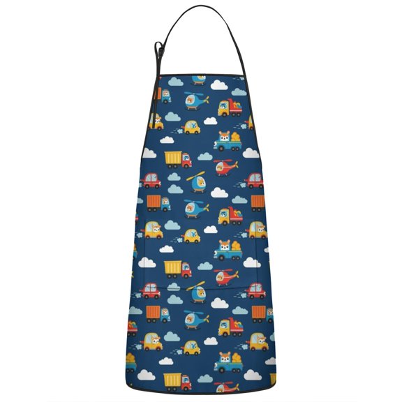 Cartoon Construction Vehicles Clouds Navy Apron-Garden Aprons for Women with Pockets-Cotton Linen Waterproof Kitchen Cooking Gardening Aprons Adjustable for Kitchen,Cooking,BBQ and Salon 33x27 Inch